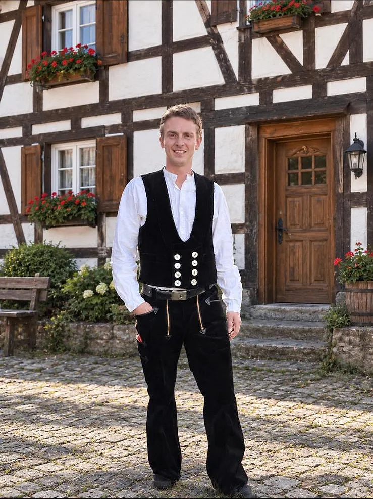 Der Sohn des Inhabers von HolzHausBau Odermatt in Zimmererkluft