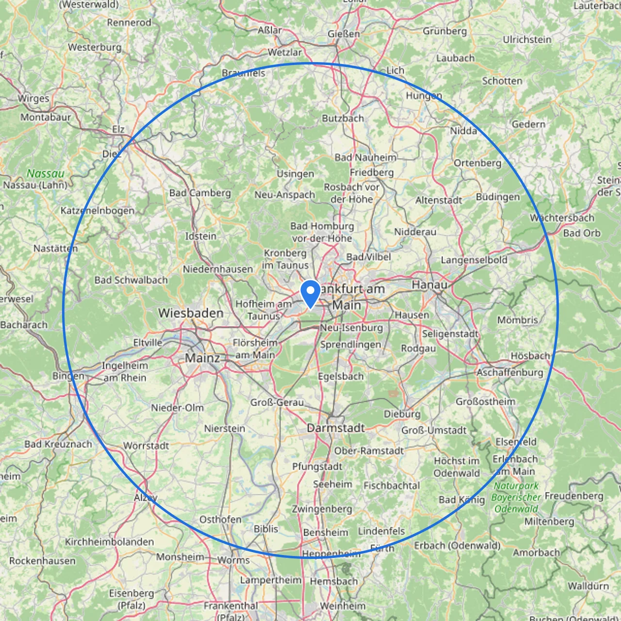 Einsatzgebiet von Profi-Clean Gebäudereinigung im Umkreis von 50 km rund um Frankfurt am Main