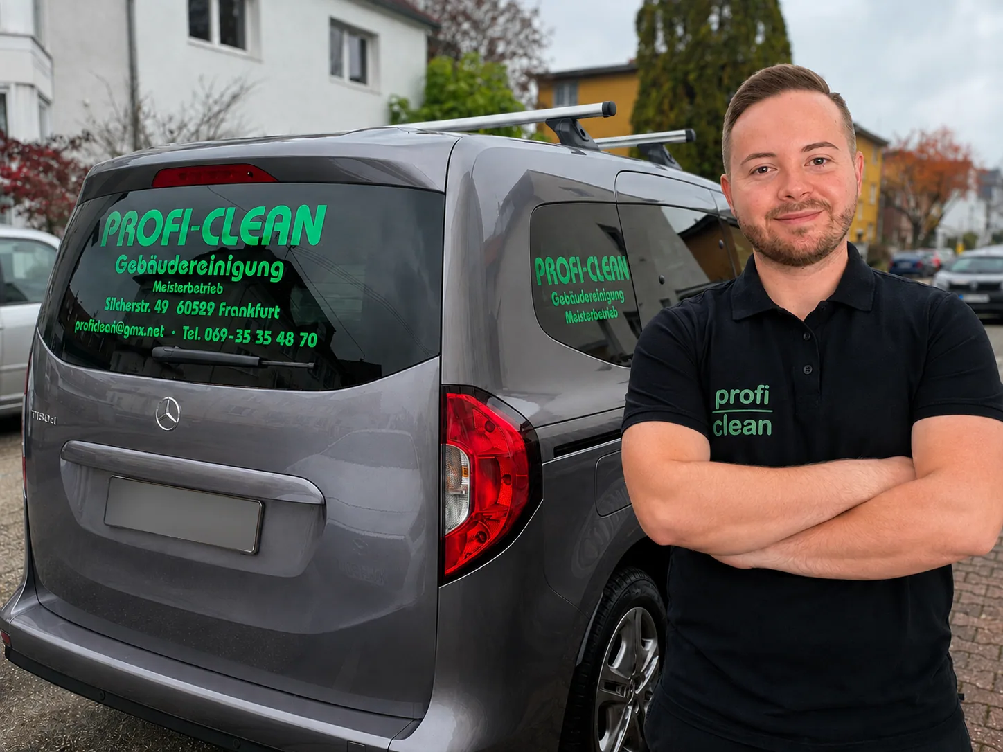 Christian Mück, Inhaber von Profi-Clean, vor dem Firmenwagen