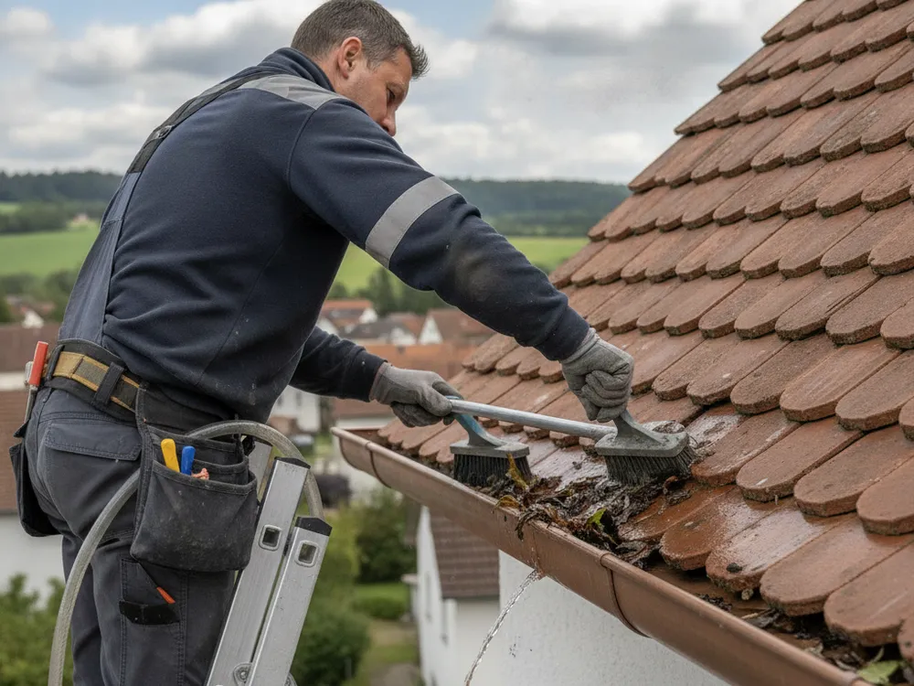 Dachdecker verlegen Dachziegel auf einem Steildach