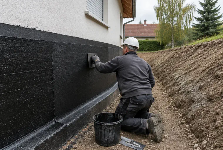 Abdichtung einer Kelleraußenwand mit Bitumendickbeschichtung