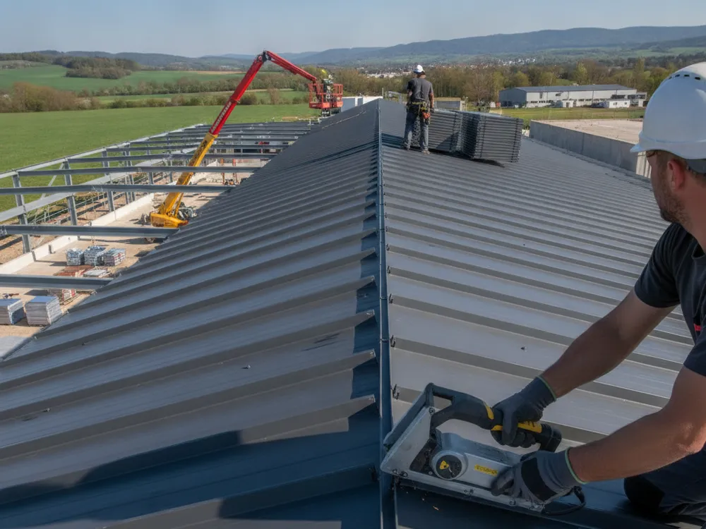 Trapezblech wird auf einem Hallendach montiert